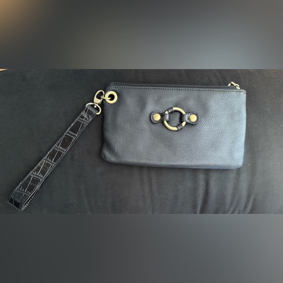 Clarks | Black Leather Clutch Wristlet | Gold Hardware - Picture 1 of 6